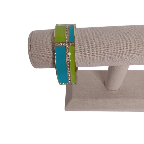 VINTAGE ENAMEL HINGED BANGLE BRACELET PLAID COLOR BLOCK DESIGN‎    GREEN & BLUE - Picture 2 of 8